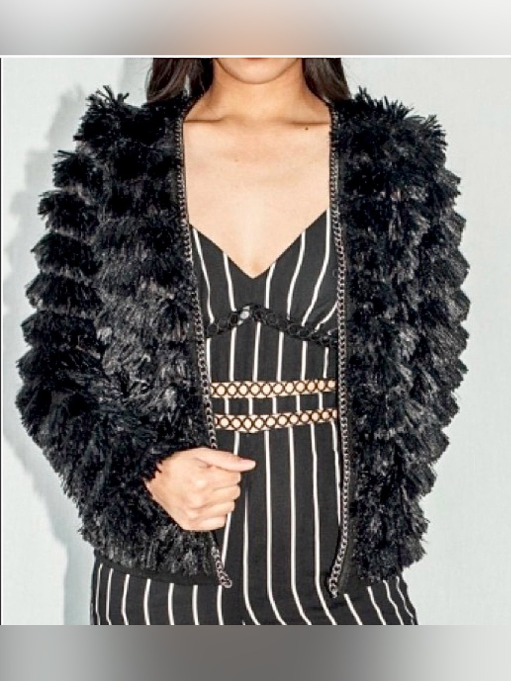 Fate Black Shaggy Fringe Jacket Size M